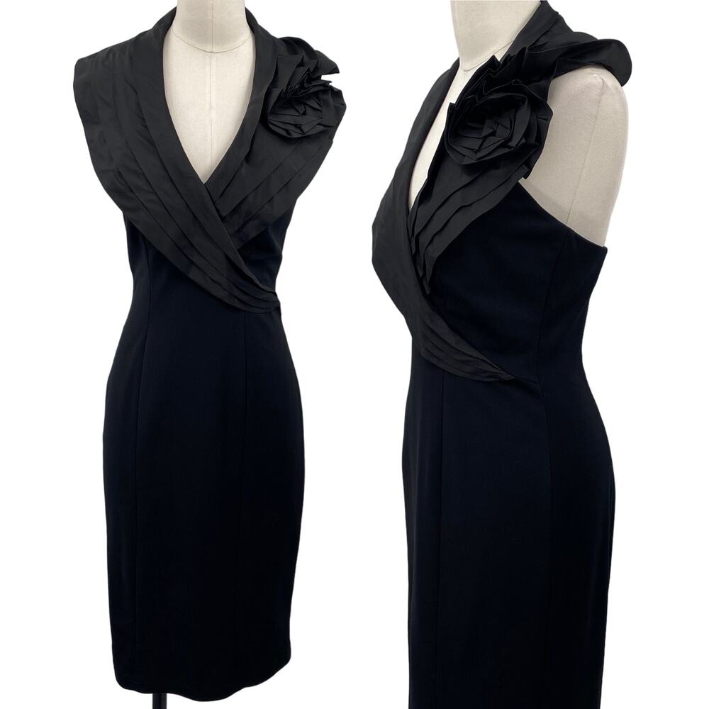 Tadashi Shoji Cocktail Dress Silk Ruffled Halter Collar Rosette Black Womens S